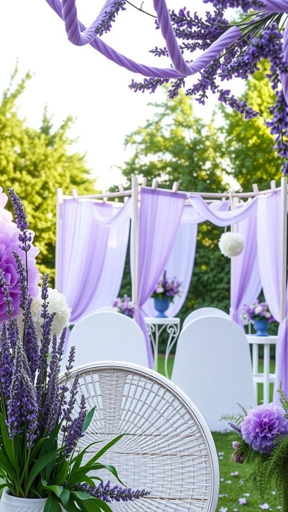 A beautifully decorated space for a bridal shower with lavender drapes, white chairs, and floral arrangements.