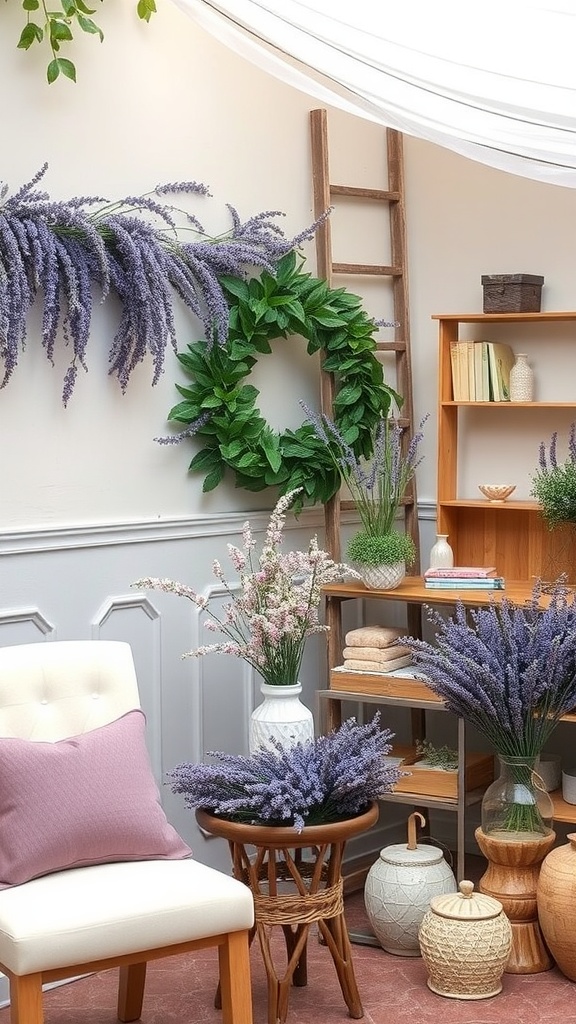 Cozy bridal shower setup featuring lavender decorations and natural elements.