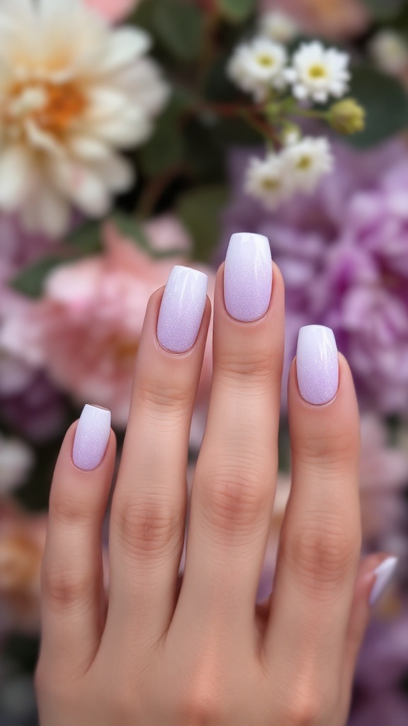 Lavender glitter fade nails with floral background
