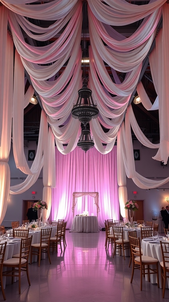 Elegant wedding reception with lavish draping and fabrics in soft pink and white.
