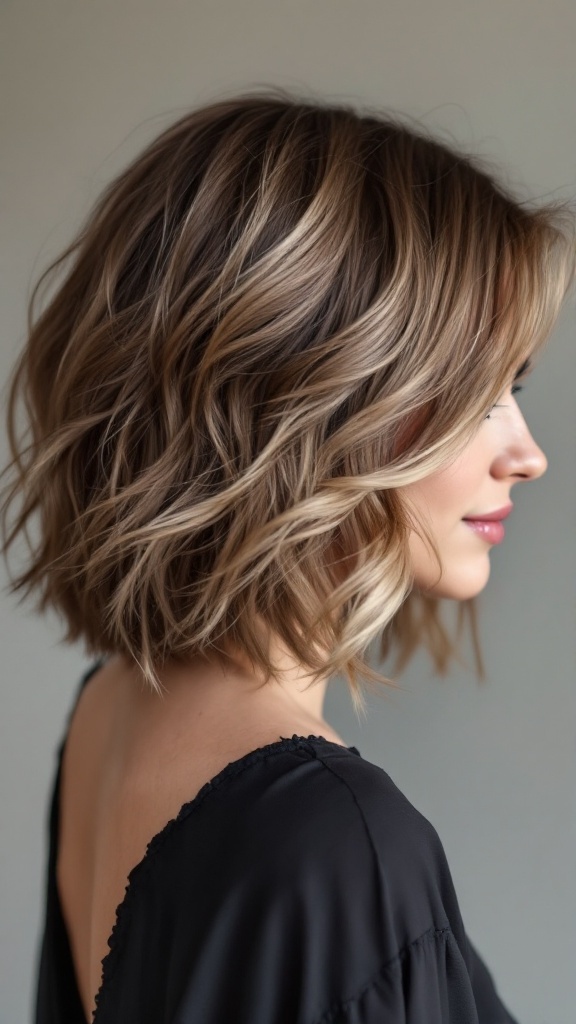 A profile view of a woman with a layered bob hairstyle featuring textured ends, showcasing soft waves and a stylish look.