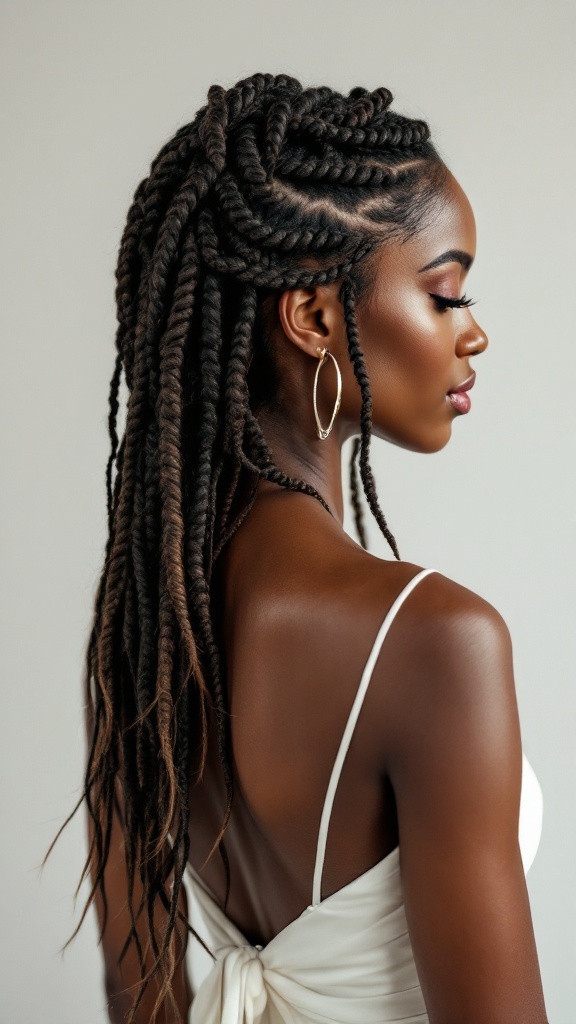A woman with layered braids and loose ends, wearing a white dress, showcasing a stylish bridesmaid hairstyle.