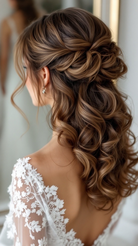 A bride with medium-length layered curls styled elegantly with hairpins