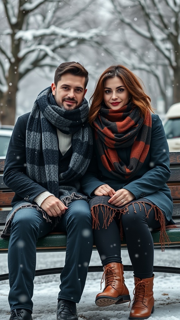 A couple wearing layered winter outfits with stylish scarves, seated on a bench in a snowy park.