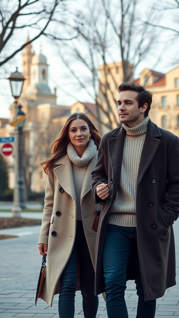A couple walking together in a city during fall, wearing turtlenecks and coats.