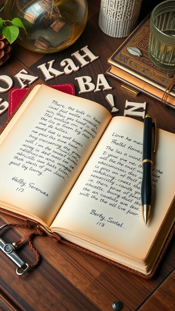 A leather-bound journal open to handwritten notes with a pen, surrounded by decorative items