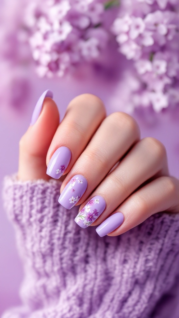 A hand with lilac floral nail art, featuring delicate flowers on a soft purple base, surrounded by lilac blossoms.