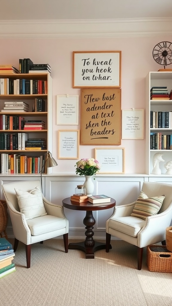 Cozy reading nook for a bridal shower with books, quotes, flowers, and inviting chairs.