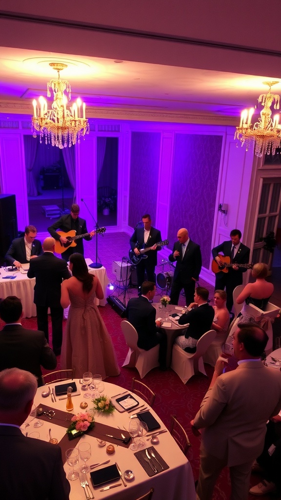 A lively wedding reception with musicians performing for guests