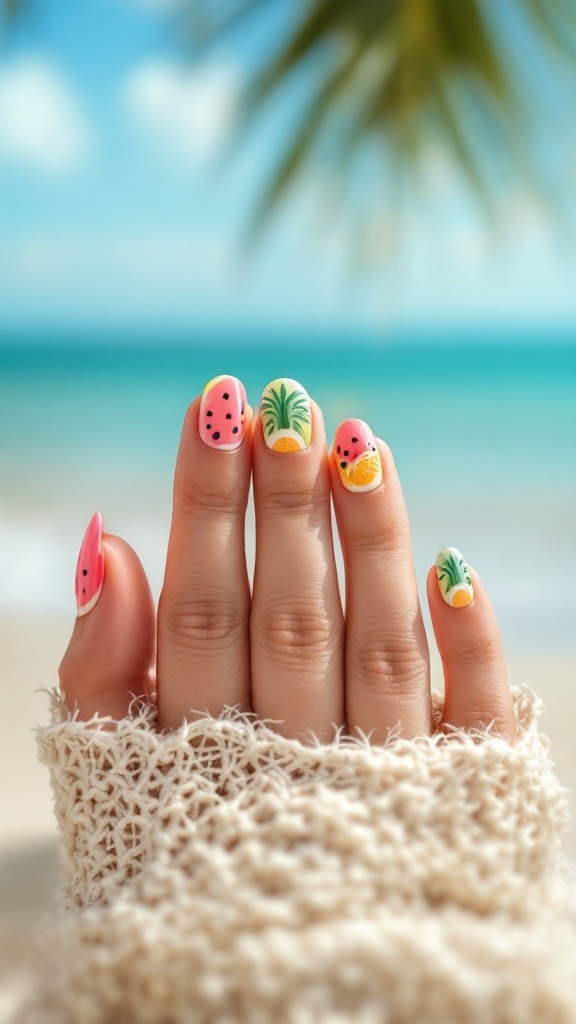 Colorful fruit-inspired nail art for a beach wedding, featuring watermelon, pineapple, and citrus designs.