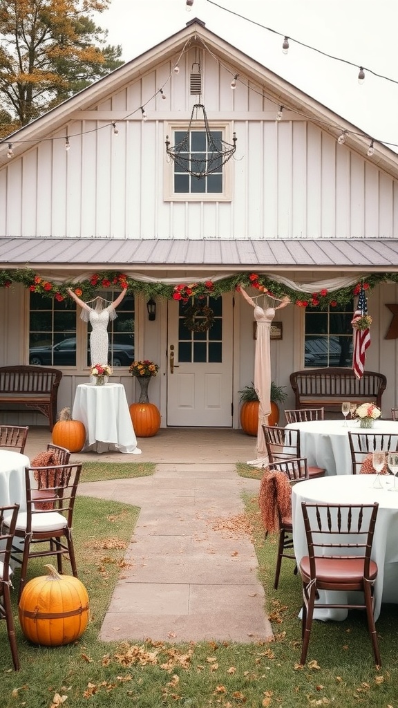 A rustic wedding venue decorated for fall with pumpkins, tables, and lights.