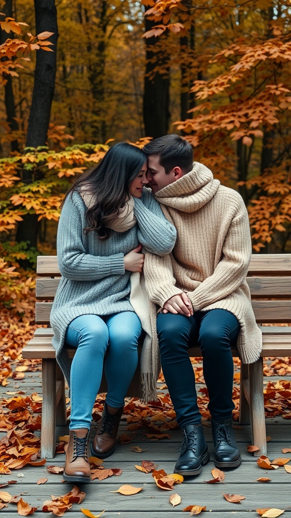 A couple wearing long cardigans, sitting on a bench surrounded by fall leaves.