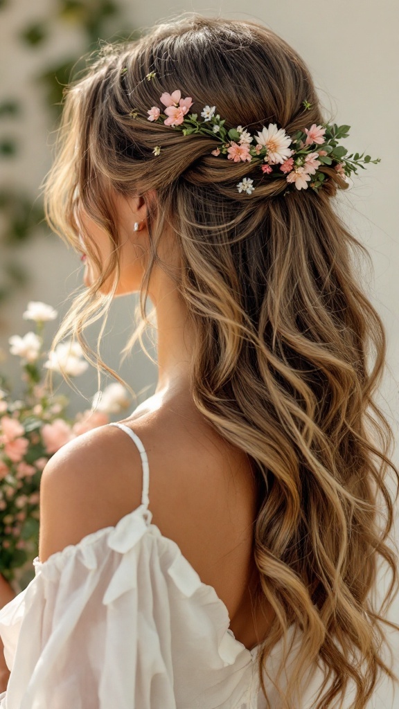 A woman with loose beachy waves adorned with floral accessories.