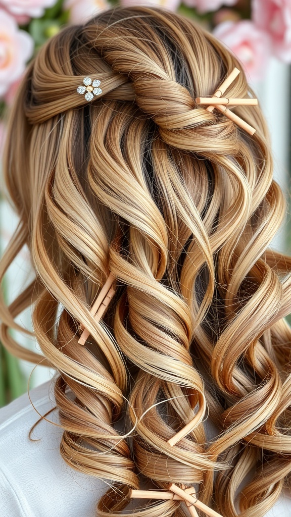 A beautiful hairstyle featuring loose curls adorned with delicate hairpins.