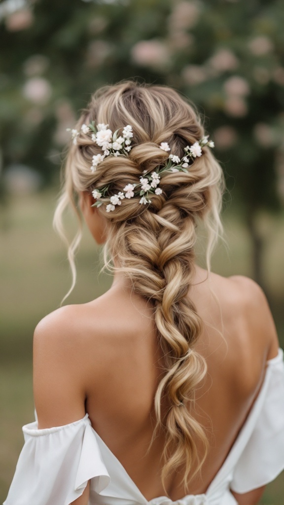 Loose fishtail braid hairstyle with flowers