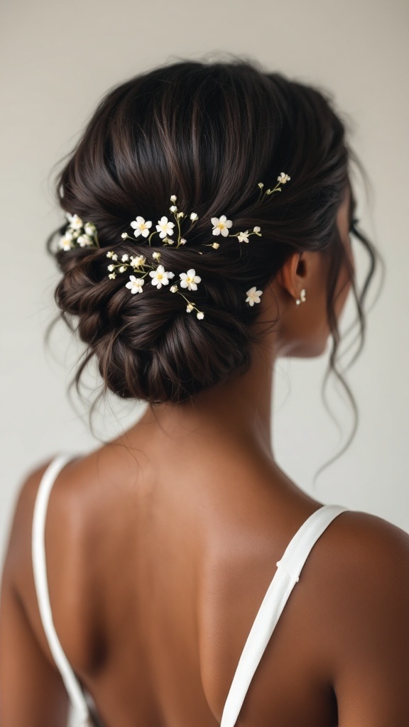 A loose twist hairstyle for black women featuring floral accents.