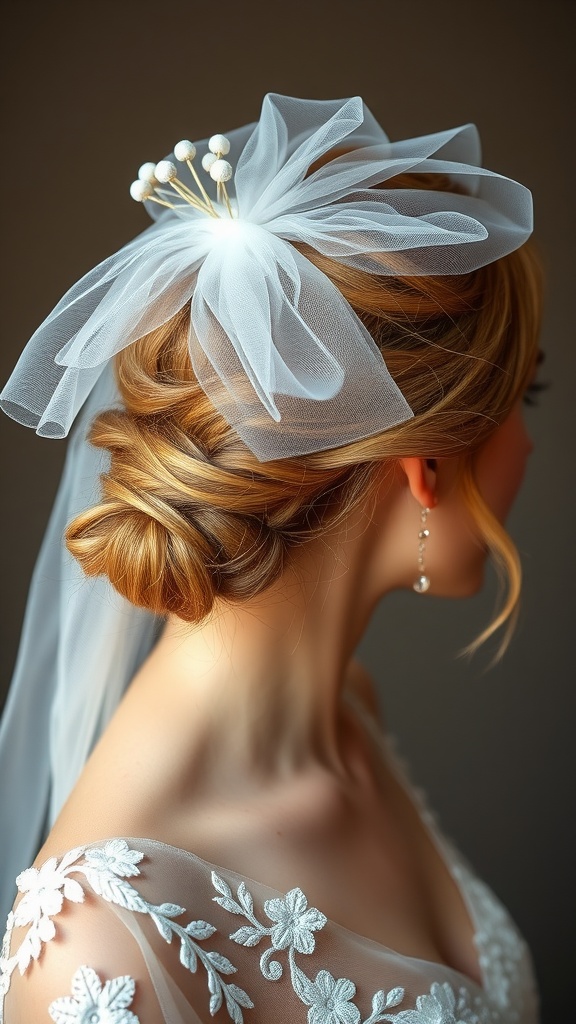 Loose updo hairstyle with a tulle veil for a spring wedding bridesmaid.