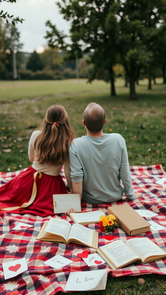 Couple sitting on a picnic blanket with books and letters, enjoying a romantic moment.