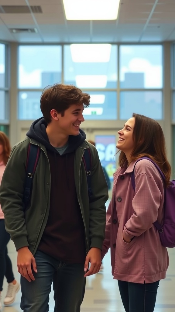 Two teenagers smiling and interacting in a school hallway.