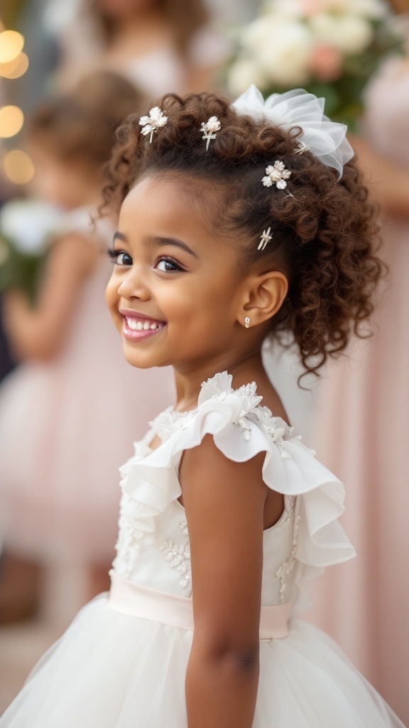 A little girl with a curly updo hairstyle adorned with clips, smiling while wearing a beautiful dress.