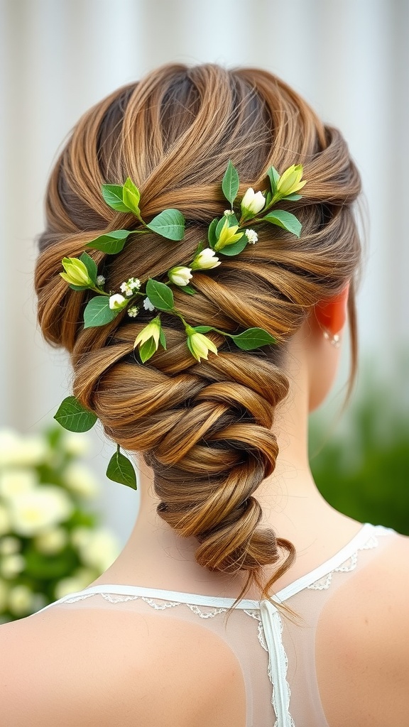 A low braided bun adorned with greenery and small flowers