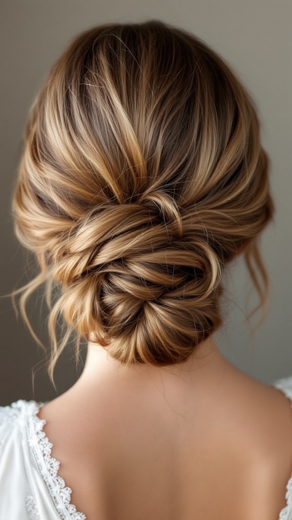 A beautiful low chignon hairstyle with curled ends for bridesmaids, featuring soft waves and an elegant finish.