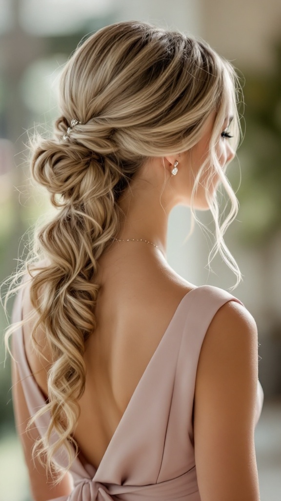 A woman with a low ponytail hairstyle, featuring soft curls, wearing a light pink dress.