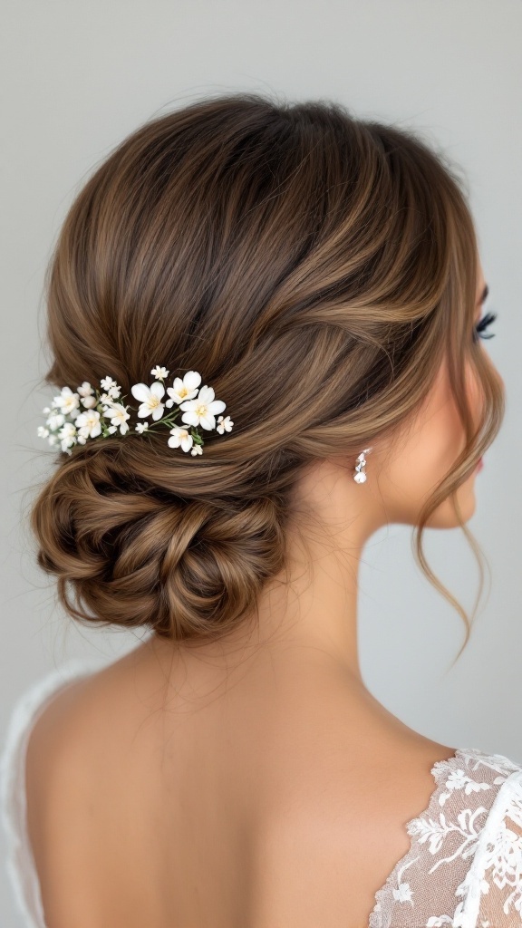 A woman with long hair styled in a low side bun adorned with flowers.