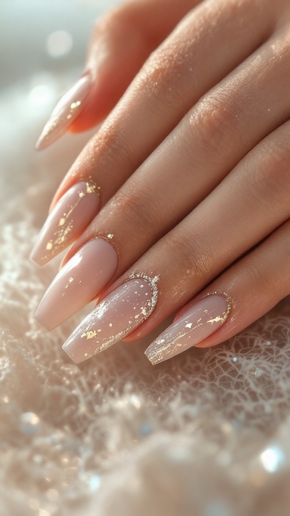 Nails with nude base and gold foil accents