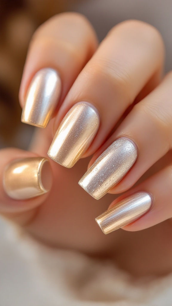 Square wedding nails in luxe metallic shades, showcasing a smooth and shiny finish.
