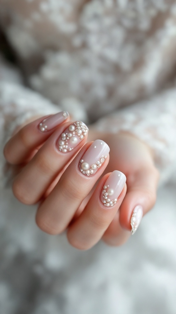 Close-up of wedding nails featuring pearl nail art on a soft nude base.