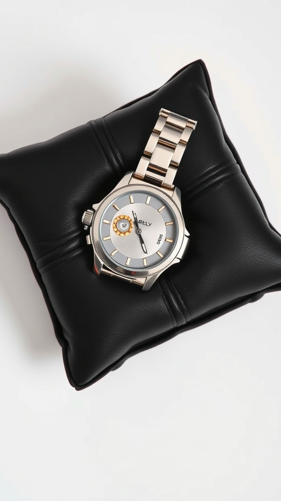 A luxury watch resting on a black cushion, showcasing its elegant design.