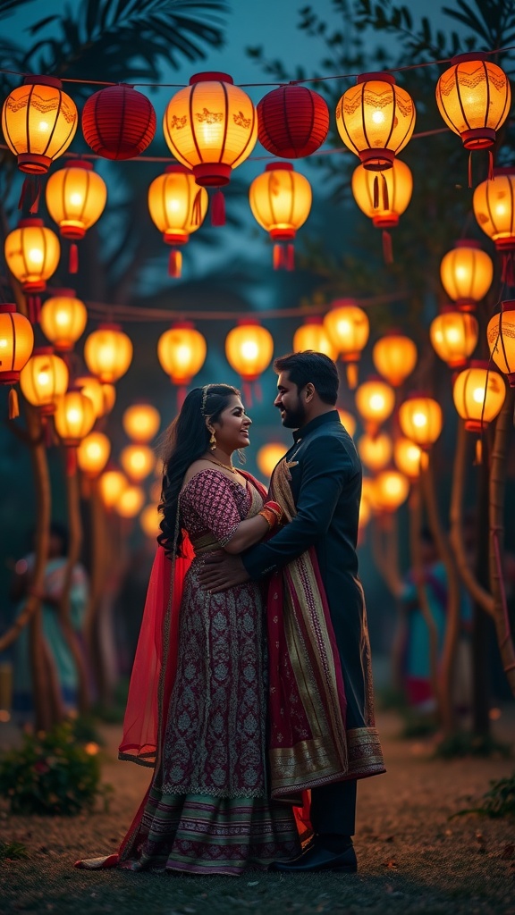 A couple standing under glowing lanterns, sharing a romantic moment