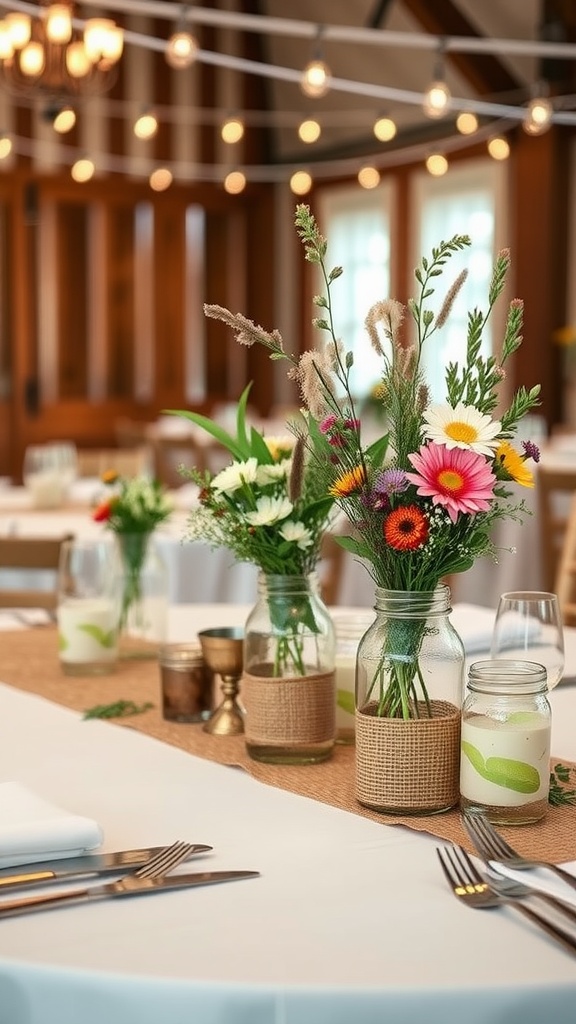 Rustic wedding table with mason jar centerpieces filled with flowers