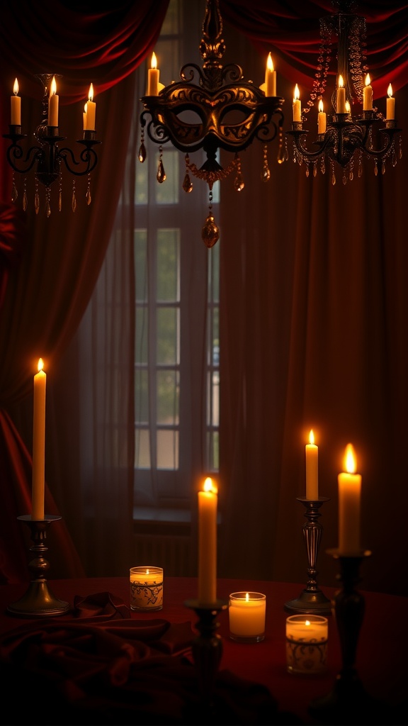 An elegant masquerade ball setting with candles and chandeliers