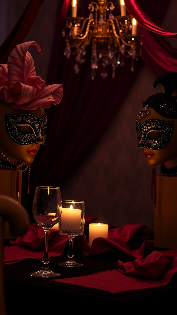 A beautifully arranged masquerade ball table with decorated masks and candlelight.