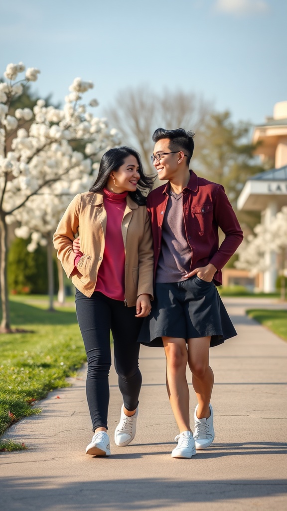 A couple walking together in matching outfits during engagement photoshoot.