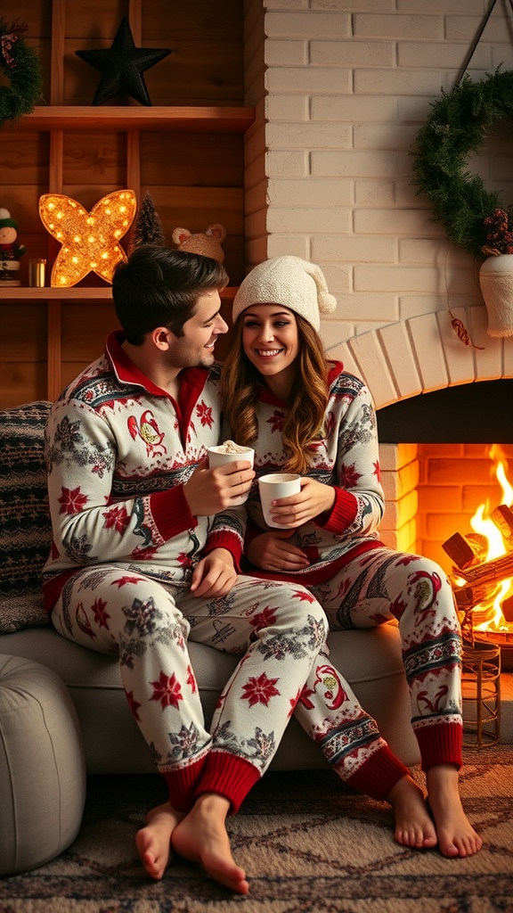 A couple in matching festive pajamas, enjoying hot drinks by a cozy fireplace.