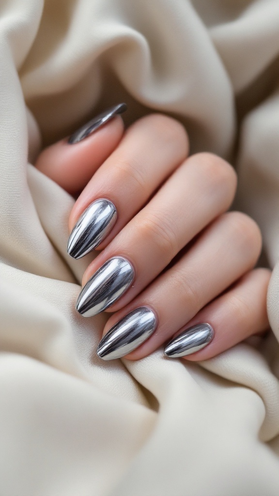 Stylish matte chrome nails with glossy tips on a soft fabric background