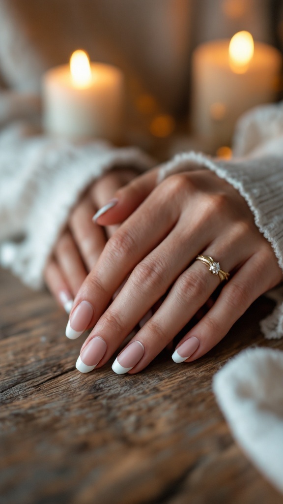 Close-up of a bride's hands with matte finish French tip nails, adorned with a ring, against a background of lit candles.