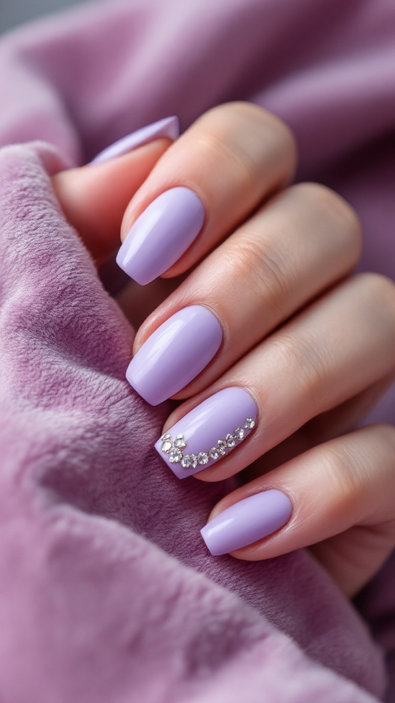 A hand with matte lavender nails adorned with rhinestones, resting on a soft purple fabric.