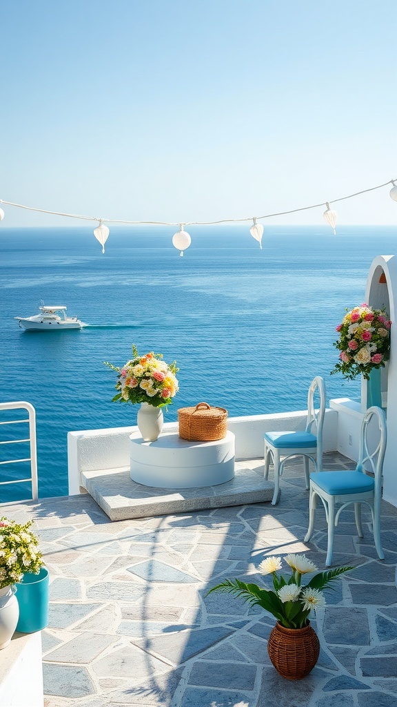 A scenic terrace overlooking the Mediterranean Sea, decorated with flowers, a basket, and chairs, perfect for a bridal shower.
