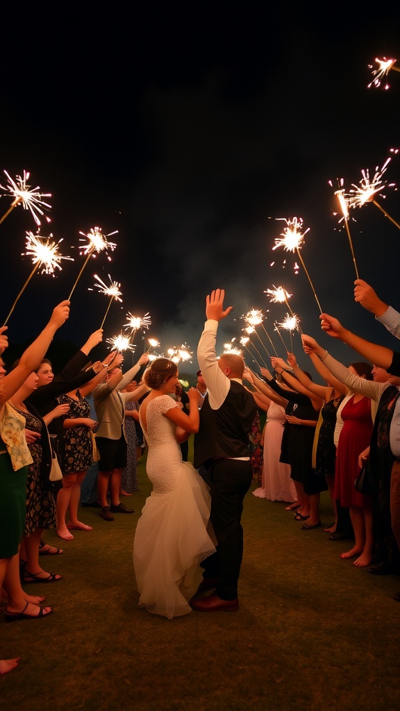 A couple surrounded by guests holding sparklers, celebrating their wedding send-off at night.