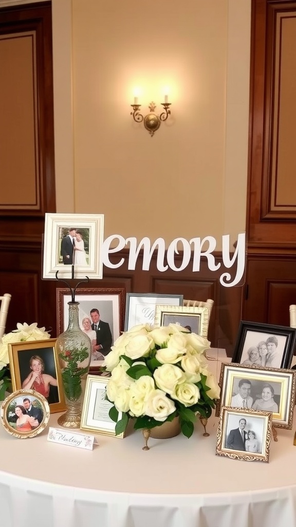 A memory table with photos and a bouquet of white roses, featuring a sign that says 'Memory'.