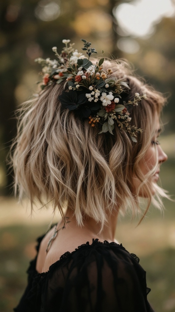 A side view of a woman with a messy bob hairstyle adorned with floral accents.