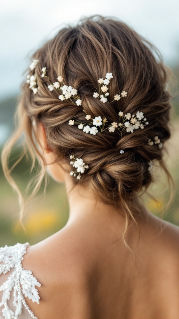 A close-up of a messy braid hairstyle adorned with small white flowers.