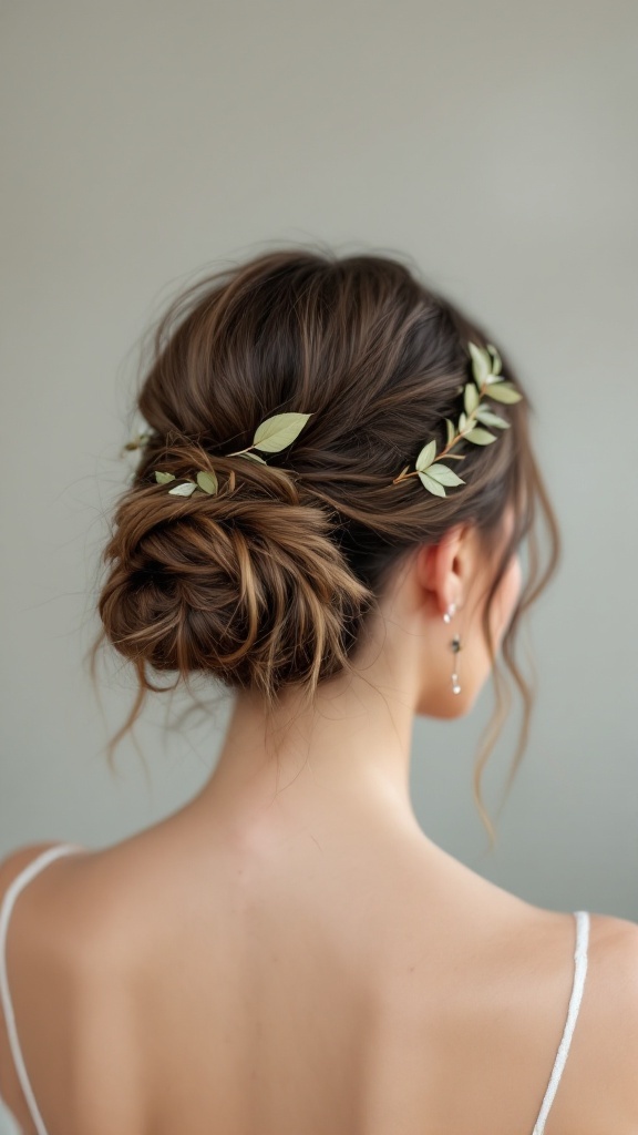 A woman wearing a messy bun hairstyle adorned with accent leaves, showcasing a relaxed and chic look.