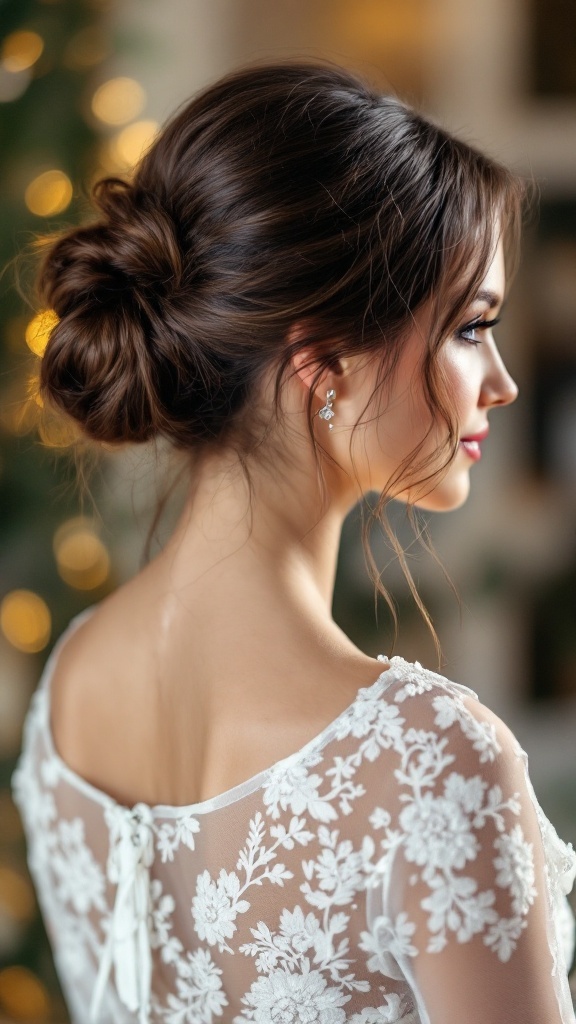 A side view of a woman with a messy bun hairstyle, featuring face-framing strands.