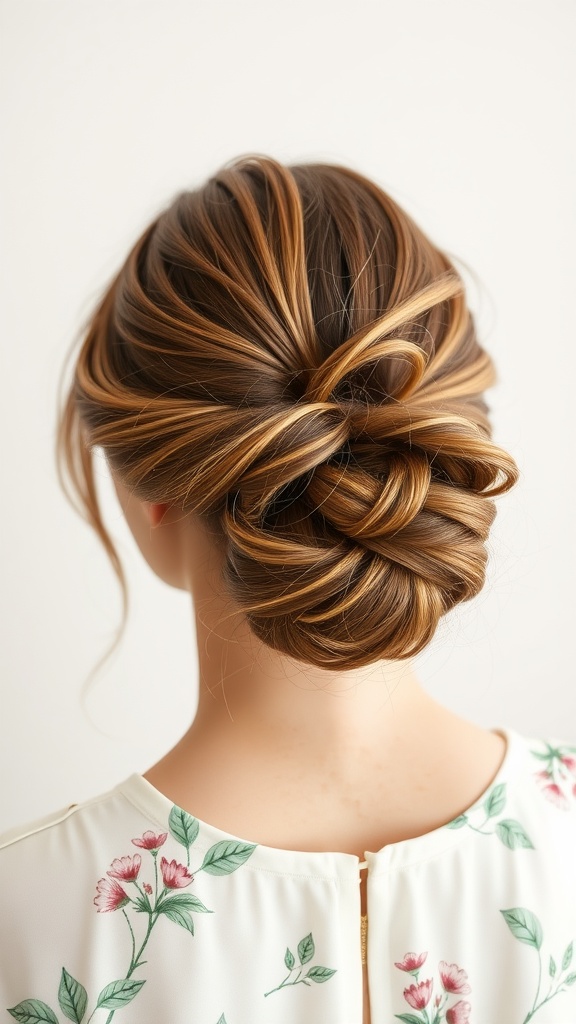 A stylish messy bun hairstyle with tendrils, perfect for a spring wedding.