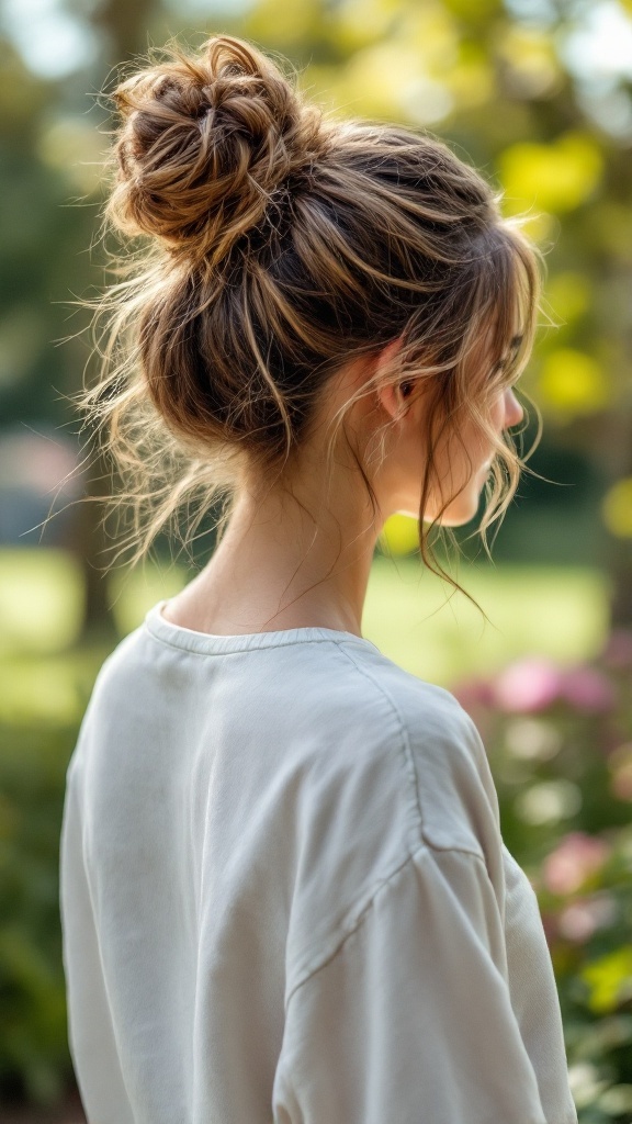 A woman with a messy bun hairstyle and tendrils framing her face, set against a blurred natural background.